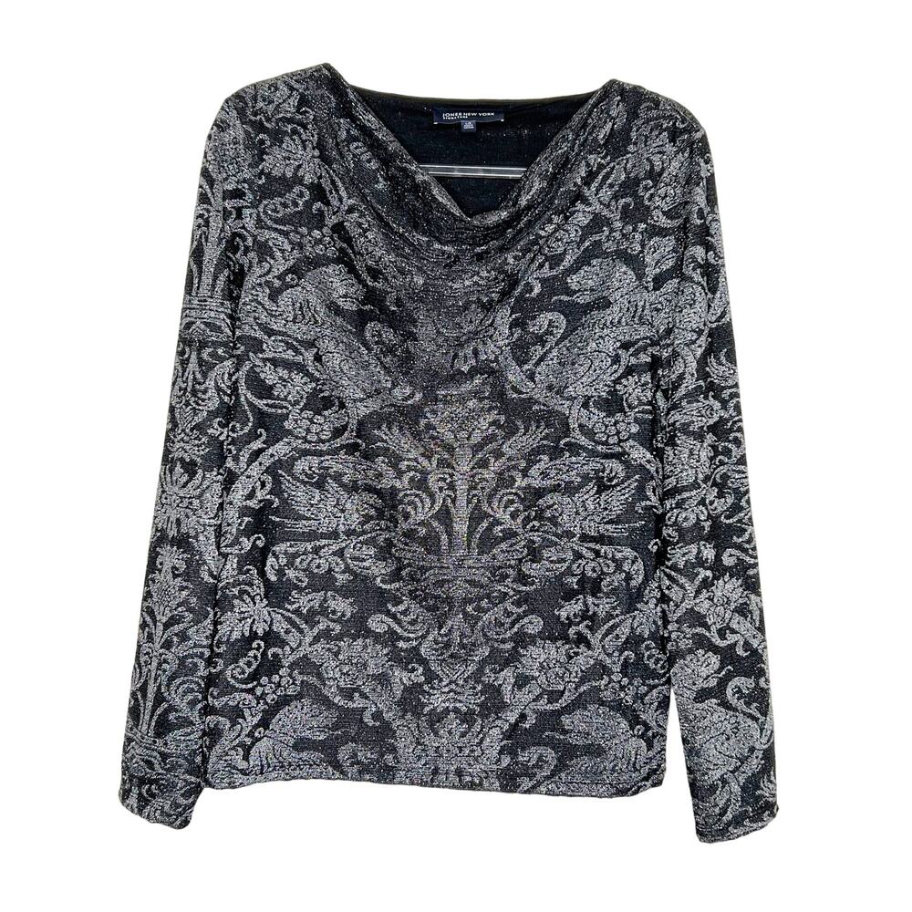 JONES NEW YORK Long Sleeve Cowl Neck Blouse Metallic Floral Black Silver Size L